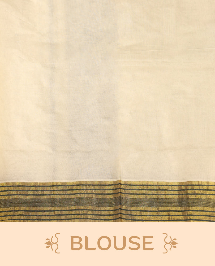 Elegant off white colour cotton Kerala saree with a soft cream body, adorned with traditional golden zari work,It features a green and gold striped border, offering a perfect blend of simplicity and festive charm & Includes blouse piece.