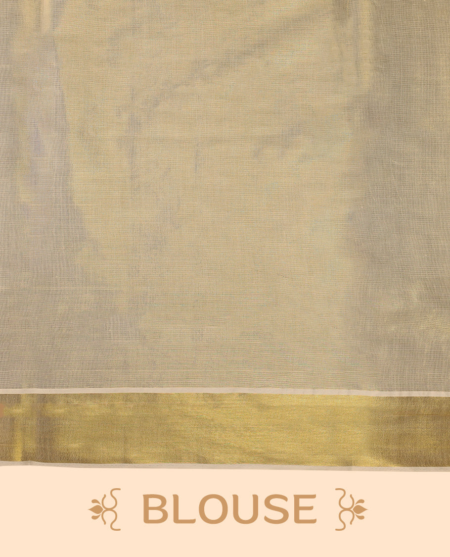Light Gold colour Tissue Kerala saree featuring Plain body and a beautifully woven Gold Kasavu border with Heavy Blue and mustard colour Floral embroidery work, paired with a matching blouse perfect for festive occasions.
