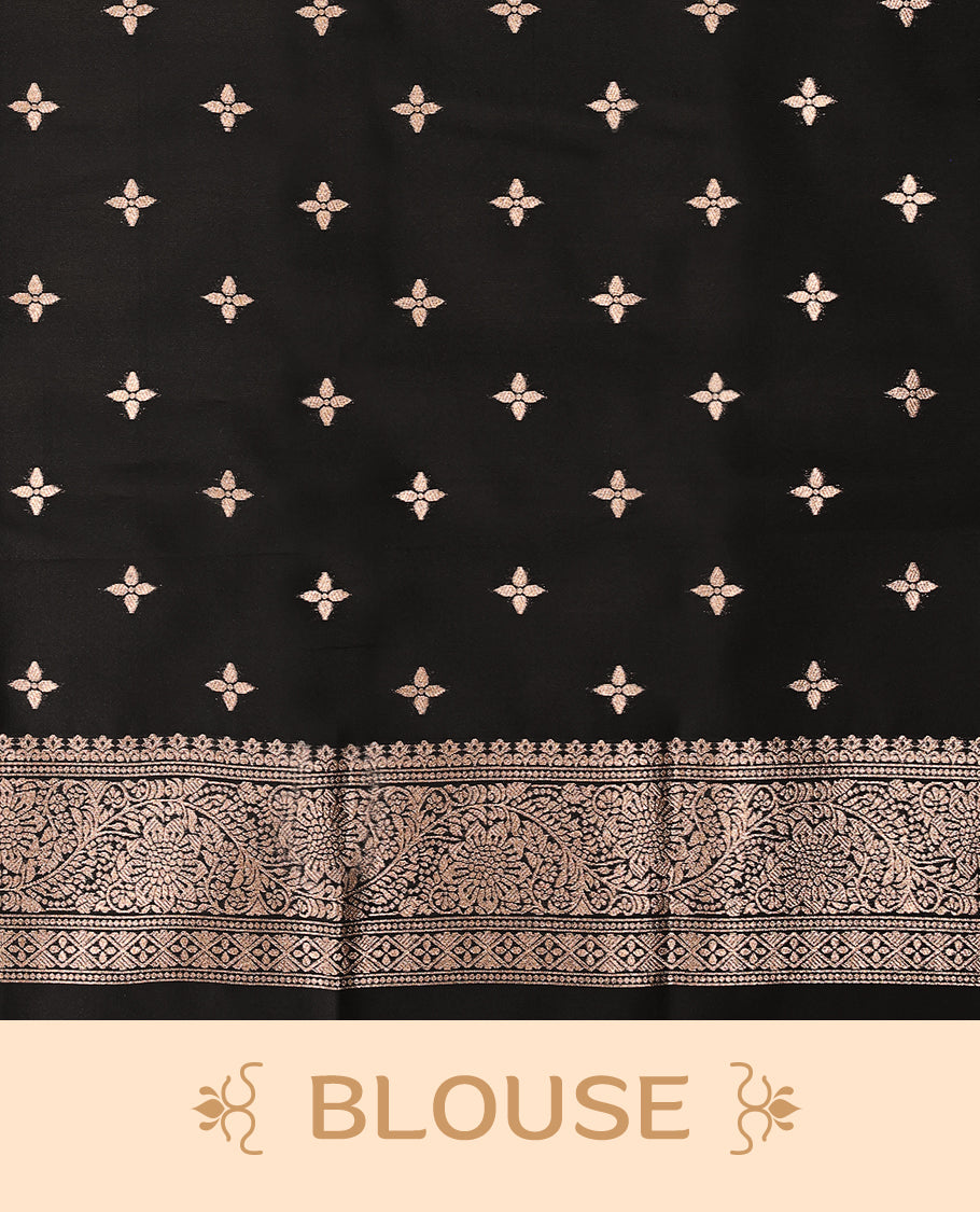 Black coloured semi silk saree featuring a Golden Zari Butta design on the body, paired with a Self coloured border and matching blouse.