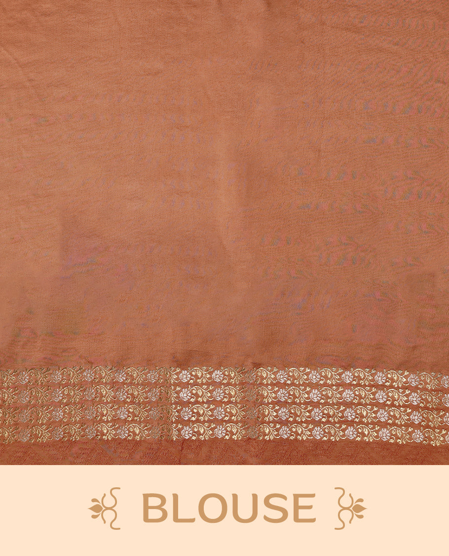 Pastel Brown colour pure Banaras crepe saree showcases elegant Gold & Silver zari Motifs all over the body, a traditional gold & Silver zari border, a rich intricately woven pallu, and comes with a matching blouse.