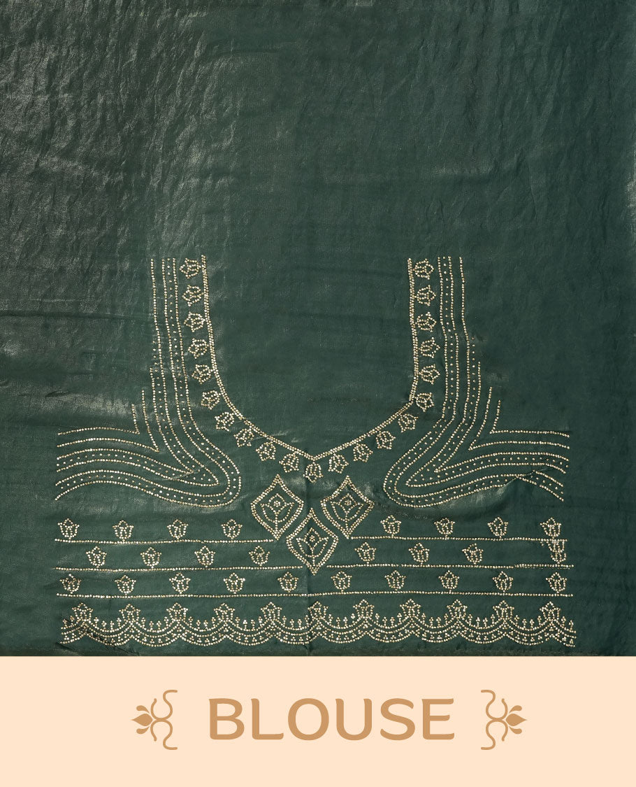 Teal blue with gold colour shimmer fancy saree adorned body, paired with a with delicate gold stone worked border, with matching blouse