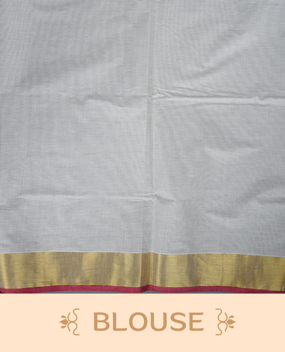 Off white cotton Kerala saree with floral printed borders, highlighted by a golden zari border and classic pallu, paired with a matching blouse.