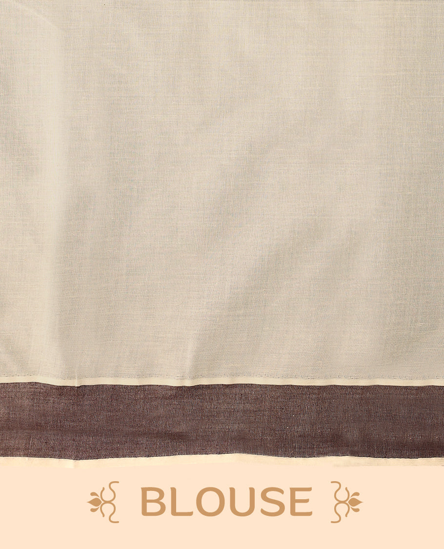 Kerala cotton saree features beautiful floral Prints in earthy tones, paired with a deep brown border with Matching Blouse.