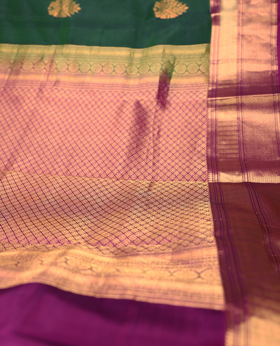 Bottle Green Colour Vasundhara Silk Saree having Golden Thread Buttas in Body with Contrast Border and Blouse
