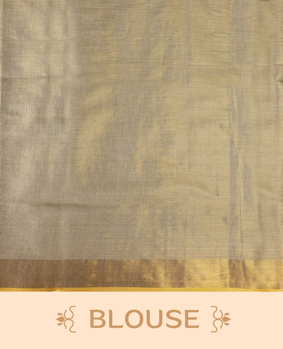 Elegant Light Gold colour Tissue Kerala saree featuring Plain body and traditional Muted golden zari kasavu border offering a classic and graceful look, paired with a matching blouse.