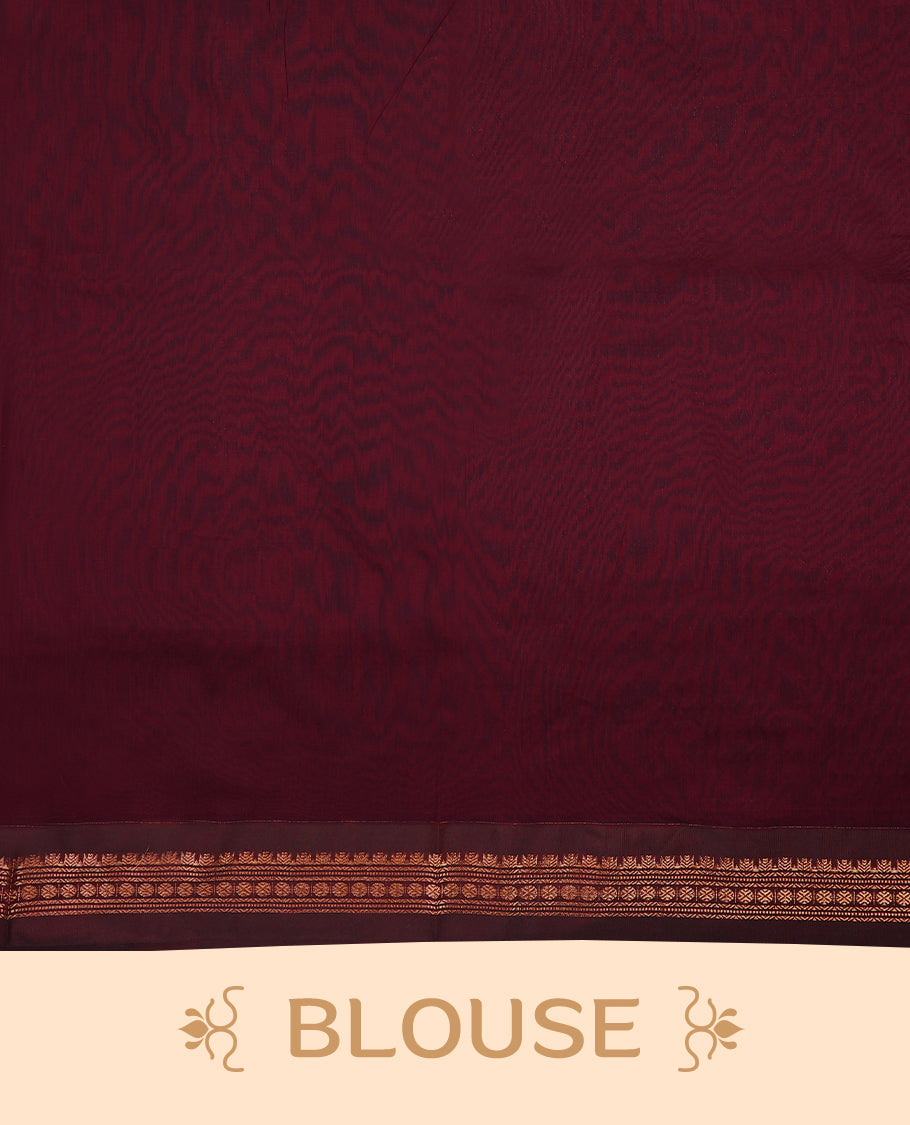 Blue colour mixed Kalyani cotton saree featuring Copper zari Bindi motifs throughout the body, paired with Maroon colour traditional border and pallu, with matching blouse