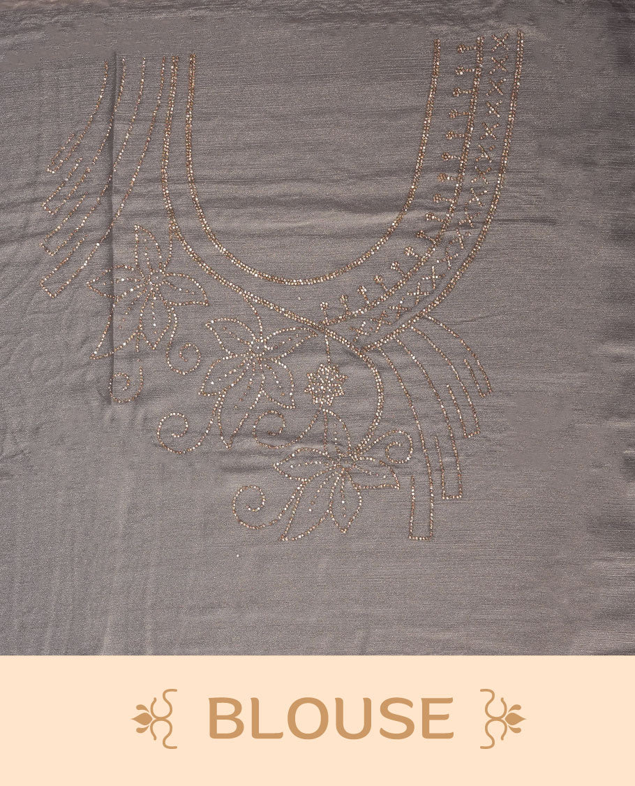 Silver Pink colour net shimmer fancy saree adorned with scattered white stone buttas, paired with a delicate stone worked border and matching blouse.