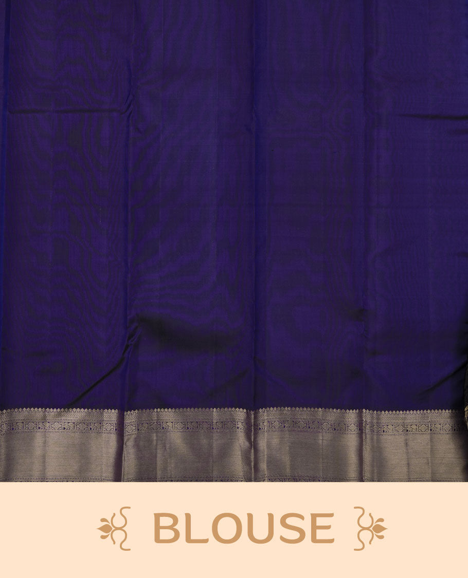 Dark violet colour Kanchipuram pattern Manthrakodi saree adorned with intricate geometrical zari floral weaving, complemented by an antique traditional zari border and a plain blouse piece with matching zari border.