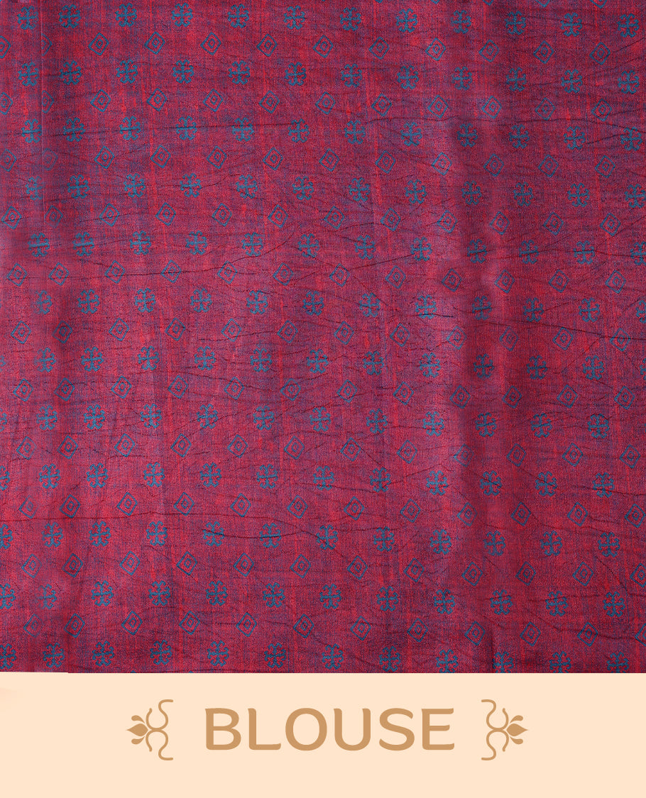 Light Blue Colour Manipuri saree features a brick patterned body in olive hues, beautifully offset by a contrasting magenta border with copper floral-printed, and comes with a matching blouse.