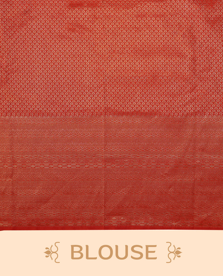 Red colour Kancheepuram saree featuring an antique zari brocade body, complemented by a traditional border and a matching blouse.