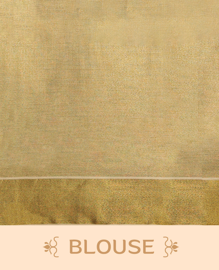 Gold colour Tissue Kerala saree featuring Plain body and a beautifully woven Gold Kasavu border, paired with a matching blouse perfect for festive occasions.
