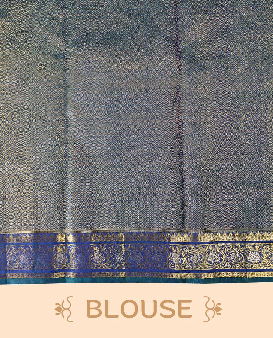 Double-shade peacock-coloured traditional Kancheepuram silk saree adorned with antique floral motifs on the body, featuring a traditional border with floral kodi designs, and paired with a matching blouse