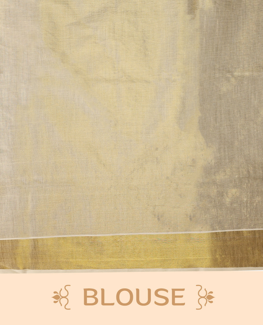 Light Gold colour Tissue Kerala saree featuring Plain body and a beautifully woven Gold Kasavu border with Heavy Floral embroidery work, paired with a matching blouse perfect for festive occasions.