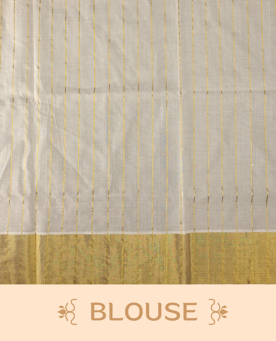 Elegant Pure handloom Kerala saree adorned with golden vertical stripes and traditional mango motifs, paired with a rich golden zari border & Comes with a matching blouse for a timeless ethnic look.