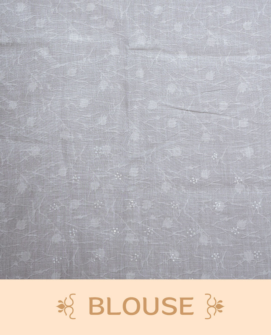 Light Grey colour Linen saree featuring Grey colour fade border with floral beats pattern around floral print across body without border, pallu and matching blouse piece.