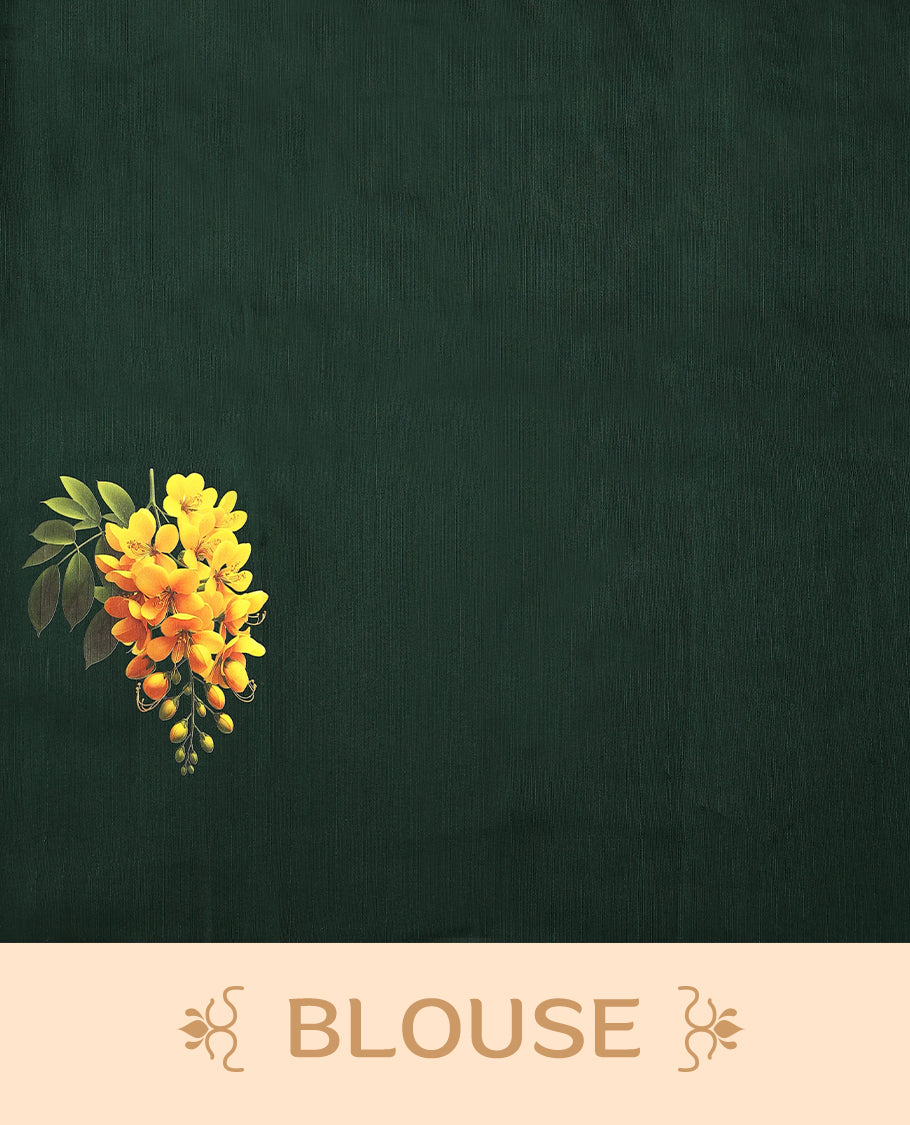 Kerala tissue saree with bright yellow floral Digital Prints and a soft golden Border with Contrast Blouse