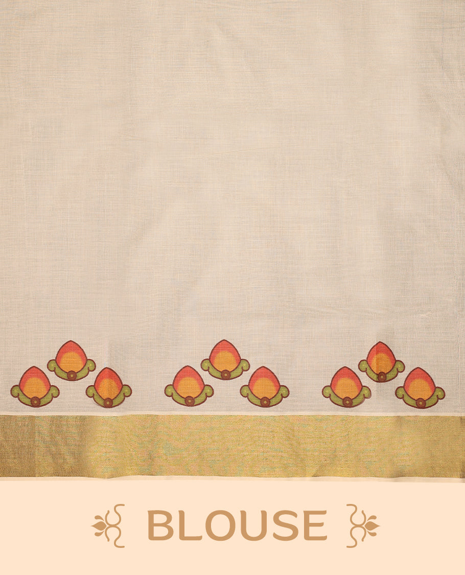 Kerala cotton saree with fine Prints and a Golden lustrous zari border with Matching Blouse