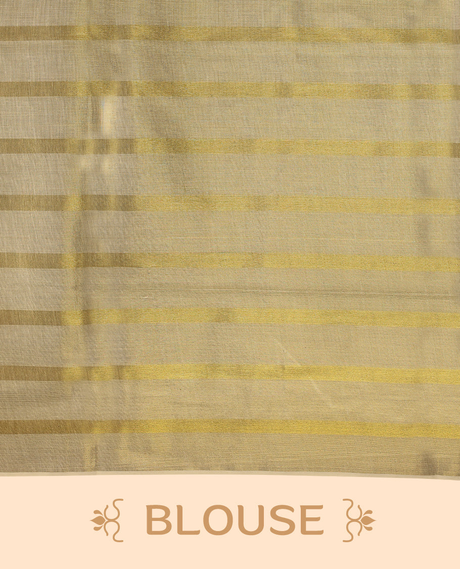 Light Gold colour Tissue Kerala saree featuring Gold zari Striped body, with Olive Green colour tassels with a matching blouse perfect for festive occasions.