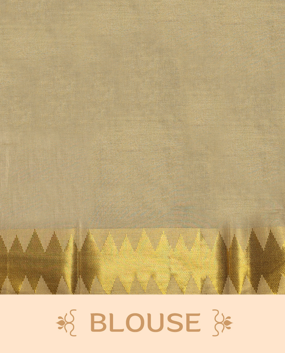 Light Gold colour Tissue Kerala saree featuring Plain body and a beautifully woven Gold Kasavu border with Diamond Patterns, paired with a matching blouse perfect for festive occasions.