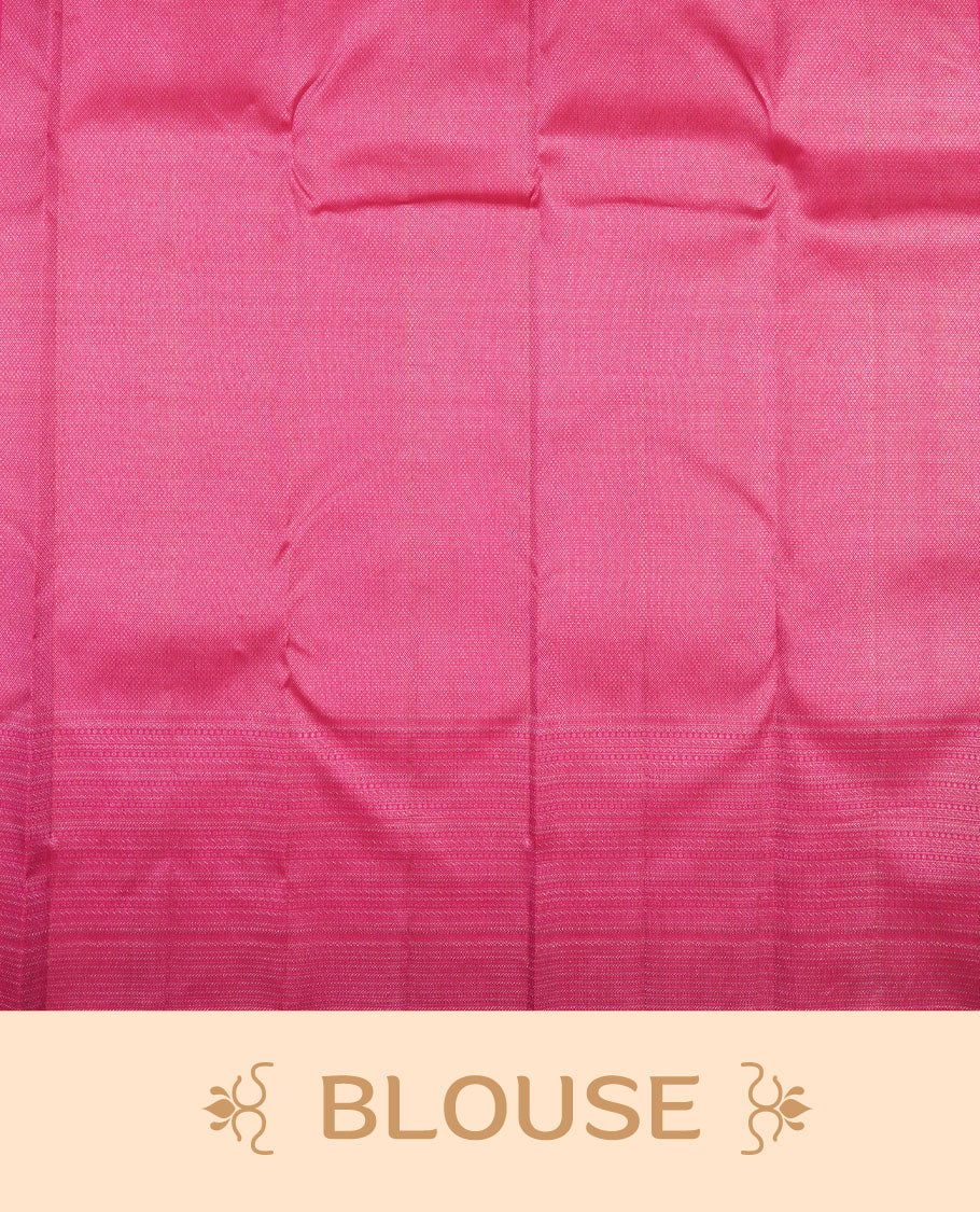 Rani pink colour Kanchipuram pattern Manthrakodi saree featuring geometrical design antique gold zari jacquard design across the body, turning zari border, and plain jacquard blouse piece.