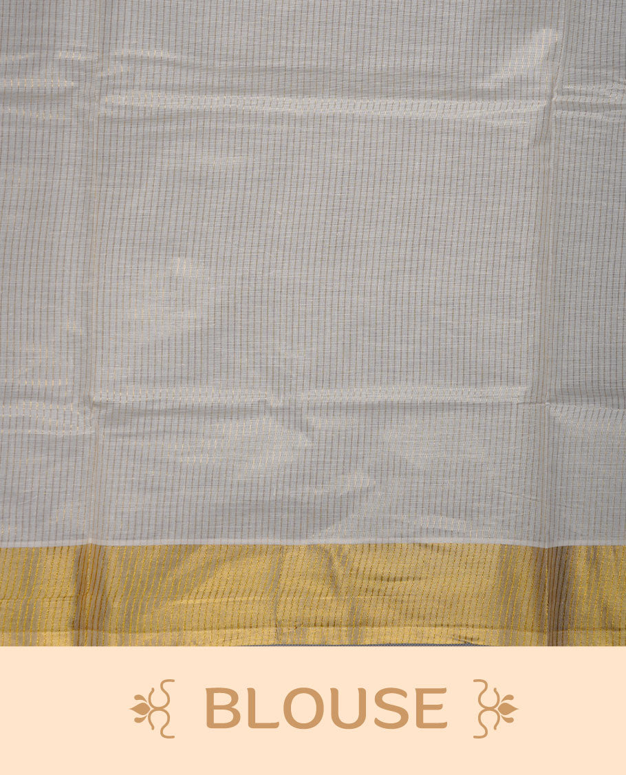 Off-white colour cotton Kerala saree featuring a classic gold kasavu border, detailed with fine woven stripes across the body and pallu, and paired with a matching blouse.