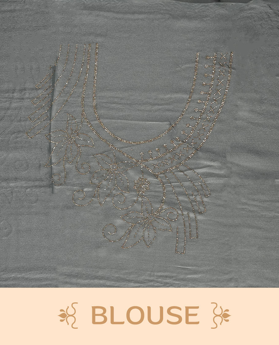 Powder Blue colour net shimmer fancy saree with a plain body, paired with a delicate stone worked border, with matching blouse