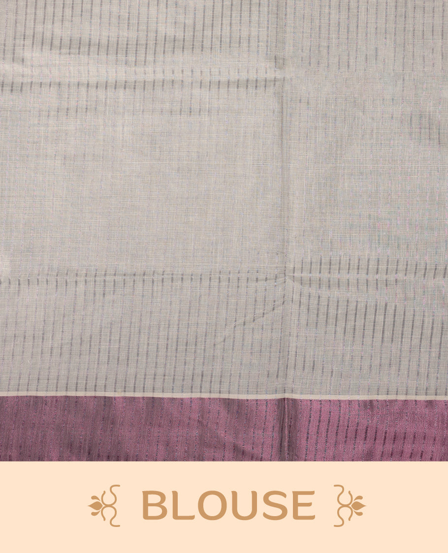 Elegant off white colour cotton Kerala saree featuring a RoseGold stripes on body, with Rosegold Colour kasavu border offering a classic and graceful look, paired with a matching blouse.