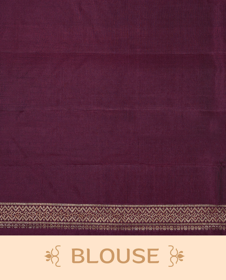 Onion Colour Pure Banaras Soft Silk Saree adorned with traditional antique zari motifs, paired with a hand dyed Dark Maroon antique style border and a matching blouse.