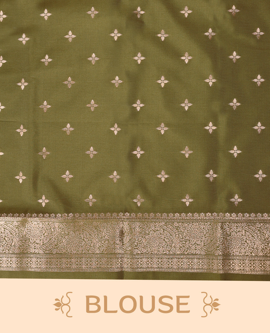 Olive Green coloured semi silk saree featuring a Golden Zari Butta design on the body, paired with a Self coloured border and matching blouse.