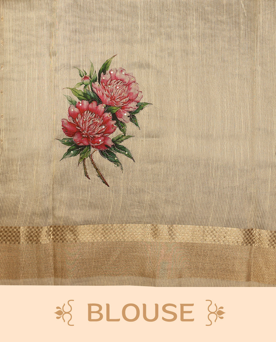 Light gold colour Organza Kerala saree with a sheer, smooth body and soft golden sheen. Accented with a fine zari border and Bold floral motifs on Pallu, Comes paired with a coordinated matching blouse.