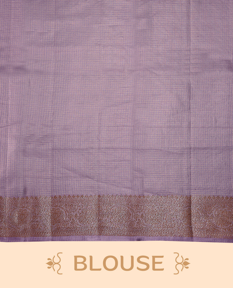 Pastel purple colour pure Banaras tussar silk saree with light gold zari small checked body, Self colour border featuring copper and silver antique zari traditional work, antique zari brocade pallu, with matching blouse.