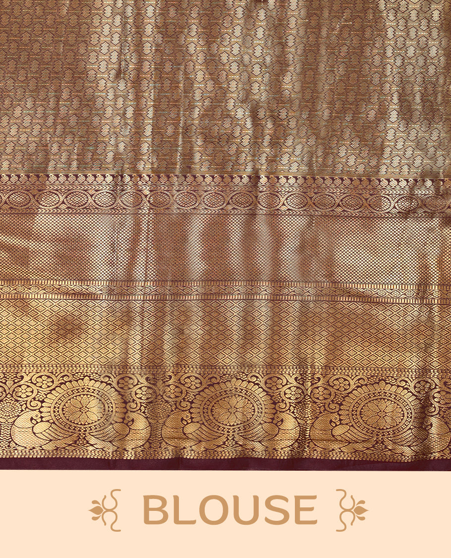 Golden Colour Tissue Semi Silk Saree having Silver Zari Worked Body and Blouse with Dark Brown Border