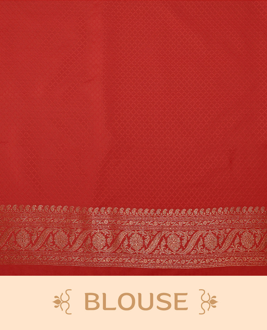 Chilli red colour semi Banaras Katan silk saree featuring intricate Antique Bronze zari floral and vine patterns woven throughout the body, enhanced with a rich traditional border and detailed pallu, paired with a matching blouse piece.