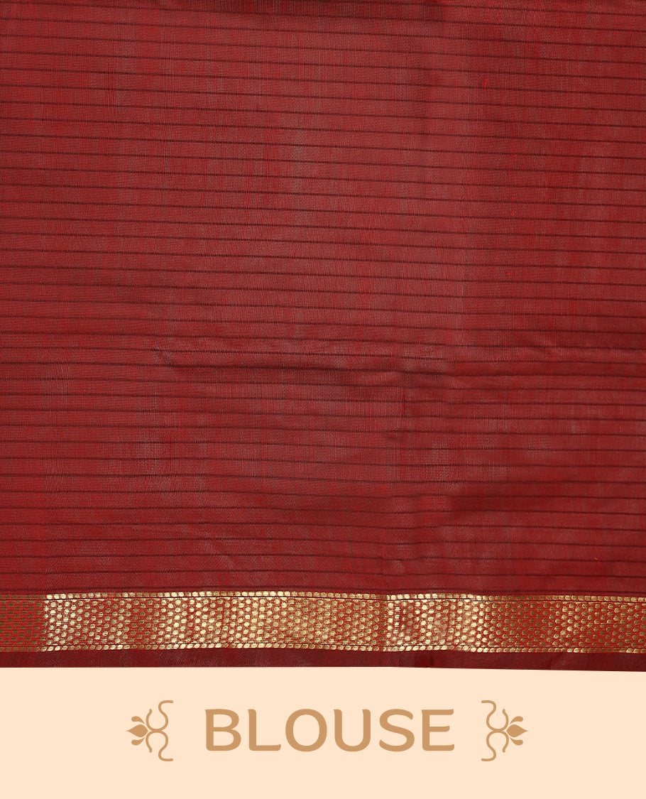 Grass Green colour chanderi cotton saree with fine striped body, mangalgiri border, grand pallu featuring Red and gold zari stripes, with matching blouse.