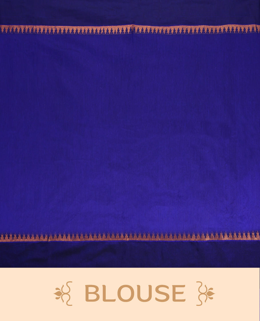 Dual shade Lavender and Royal Blue Kalyani cotton saree featuring intricate zari woven elephant motifs across the body, complemented with a rich zari border and pallu, paired with a matching blouse.