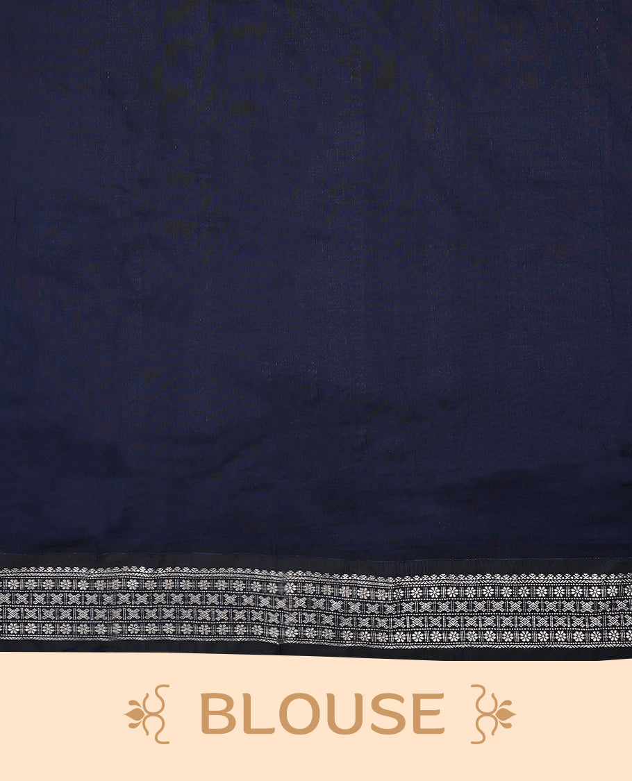 Lemon Green colour mixed Kalyani cotton saree featuring Silver zari Flower motifs throughout the body, paired with a Deep Navy Blue colour traditional border and pallu, with matching blouse