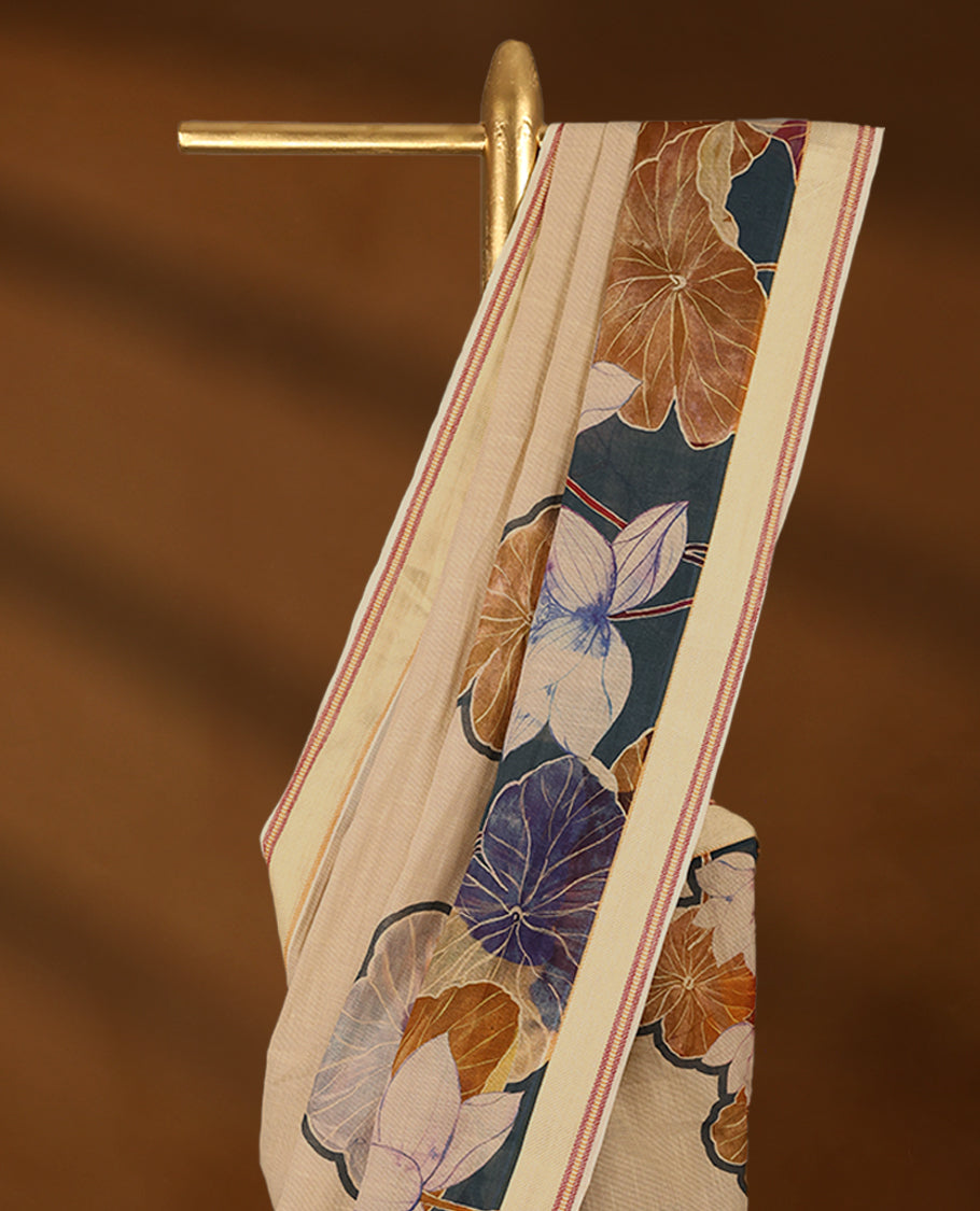 Beige and Aegean Blue Colour lightweight khadi cotton saree with earthy-coloured digital floral prints on the Body and pallu, paired with a matching blouse.