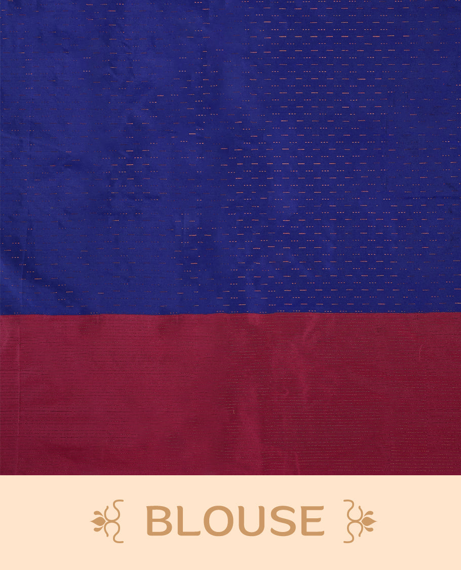 Royal blue Colour semi silk saree is adorned with a subtle copper zari pattern and beautifully offset by a rich wine border, paired with a matching blouse