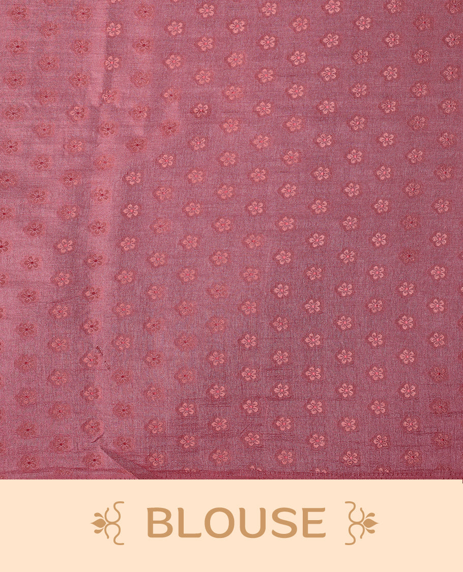Pink semi-organza saree with intricate floral jaal work, elegant border, and a matching silk brocade blouse.