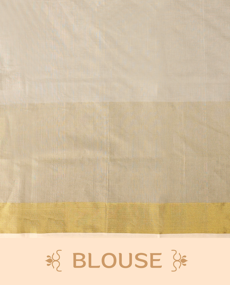 Off white colour pure narial handloom cotton saree with small gold zari motifs on body, golden zari border, pallu highlighted with bold golden zari stripes and abstract temple design, with matching blouse