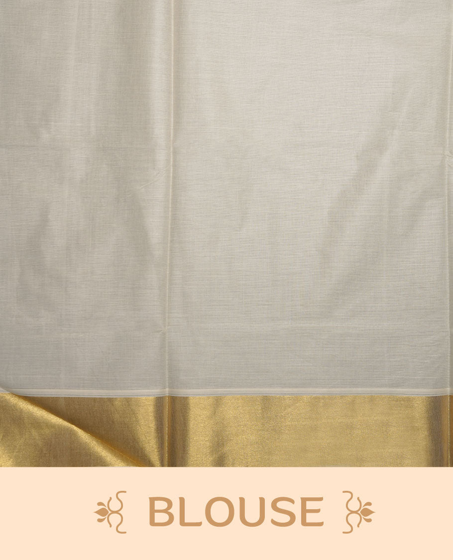 Off-White colour cotton Kerala saree adorned with subtle gold zari buttas, a broad kasavu border, and a richly woven traditional pallu, paired with a matching blouse.