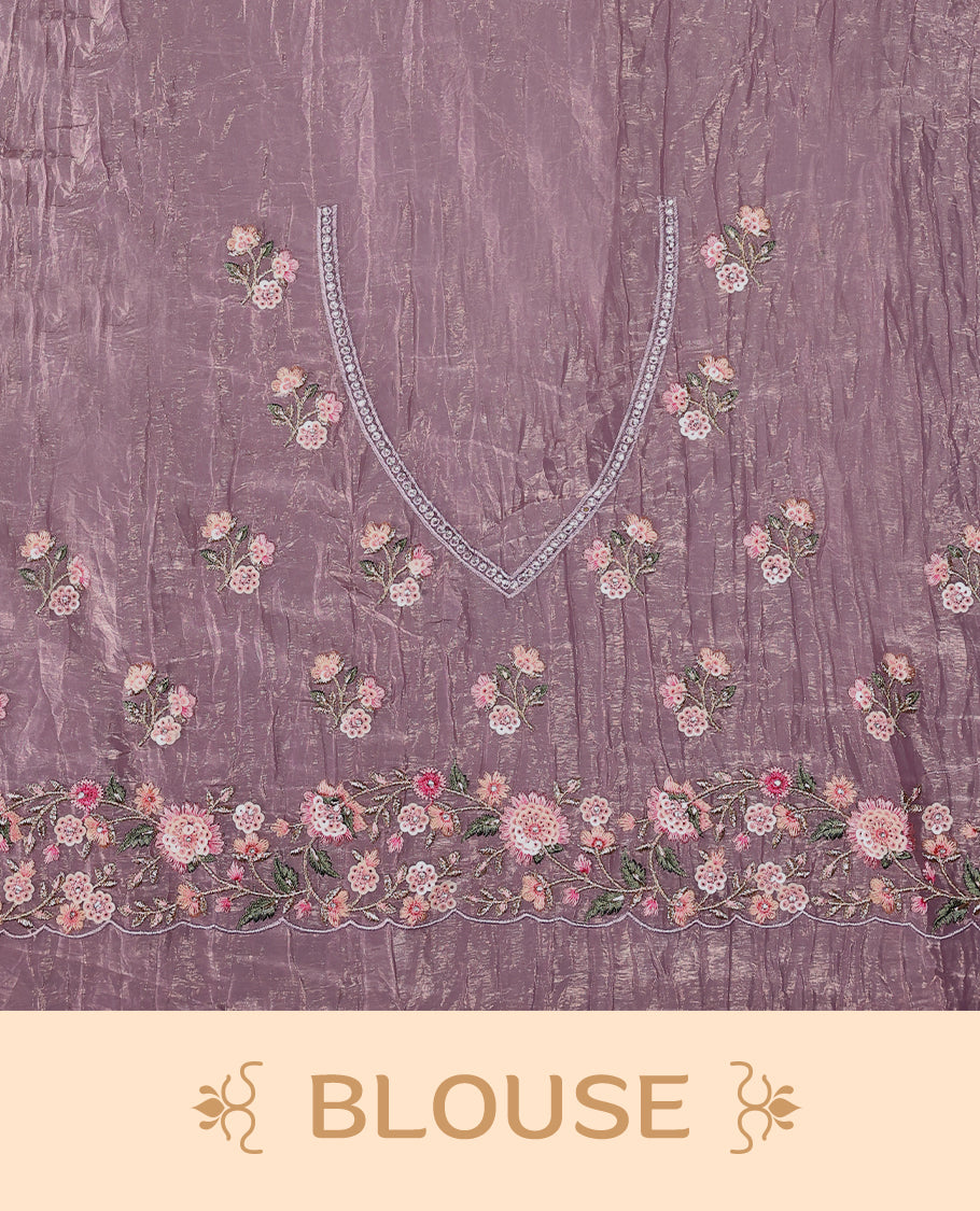 Mauve Crush Soft Silk saree featuring Floral Thread Works on the body, complemented by delicate embroidery in pink and green tones border and a matching blouse.