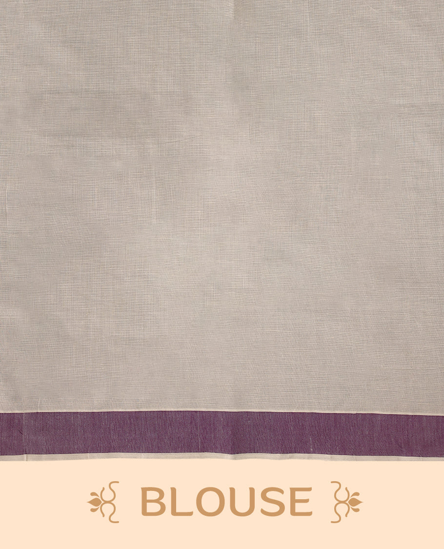 Elegant off white colour cotton Kerala saree featuring Plain body, Purple colour border with temple designs, Paired with matching blouse offering a classic and graceful look