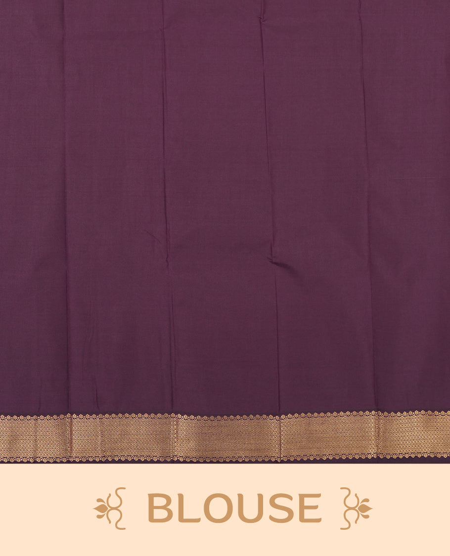 Gold yellow colour Semi Silk Saree with gold zari patterns on the body, paired with a contrasting dark violet colour traditional pallu and border, and a matching blouse piece.