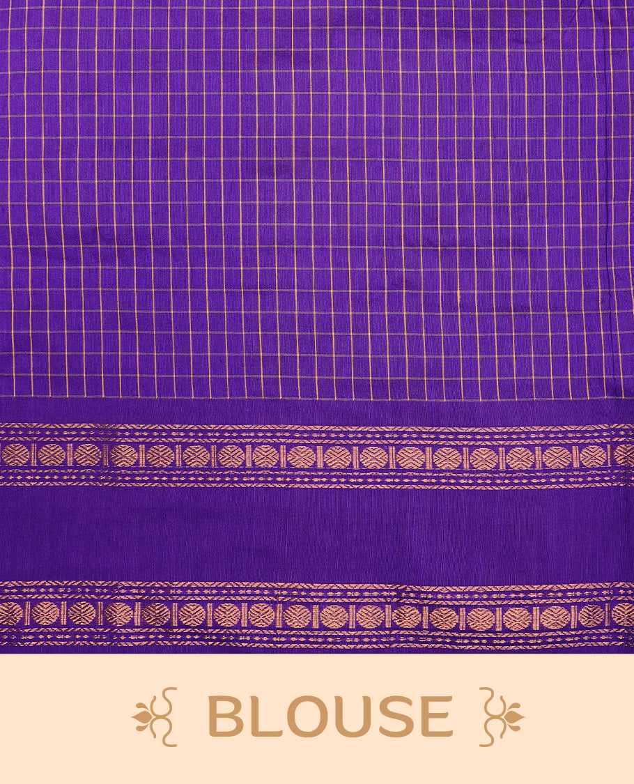 Indigo colour kalyani cotton saree featuring gold zari check pattern on body, complemented by Self colour with Antique zari border, paired with matching blouse piece.