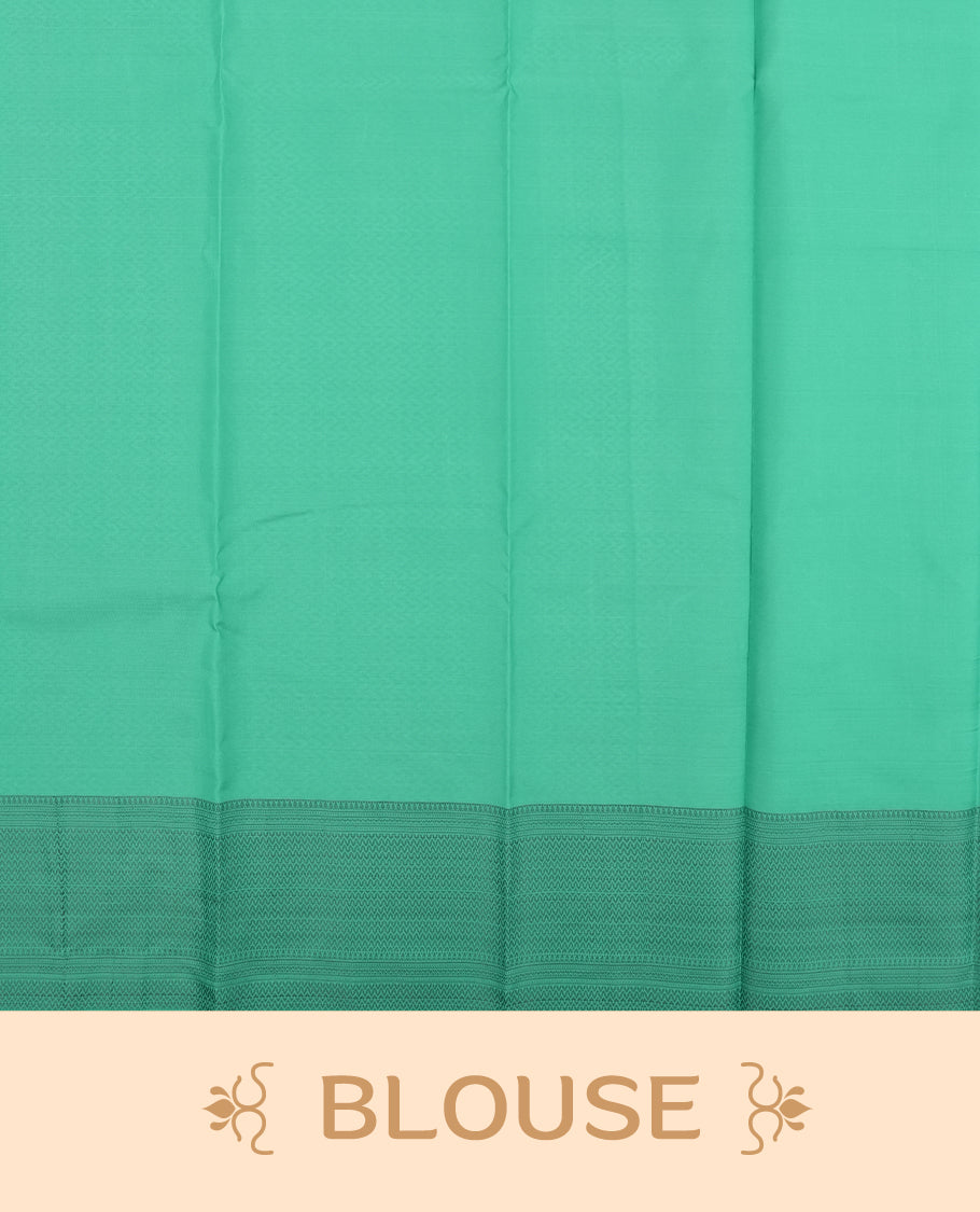 Aqua green colour semi soft silk saree featuring a gray textured patterned body, complemented by self coloured gray zari on pallu & border and a matching blouse piece.