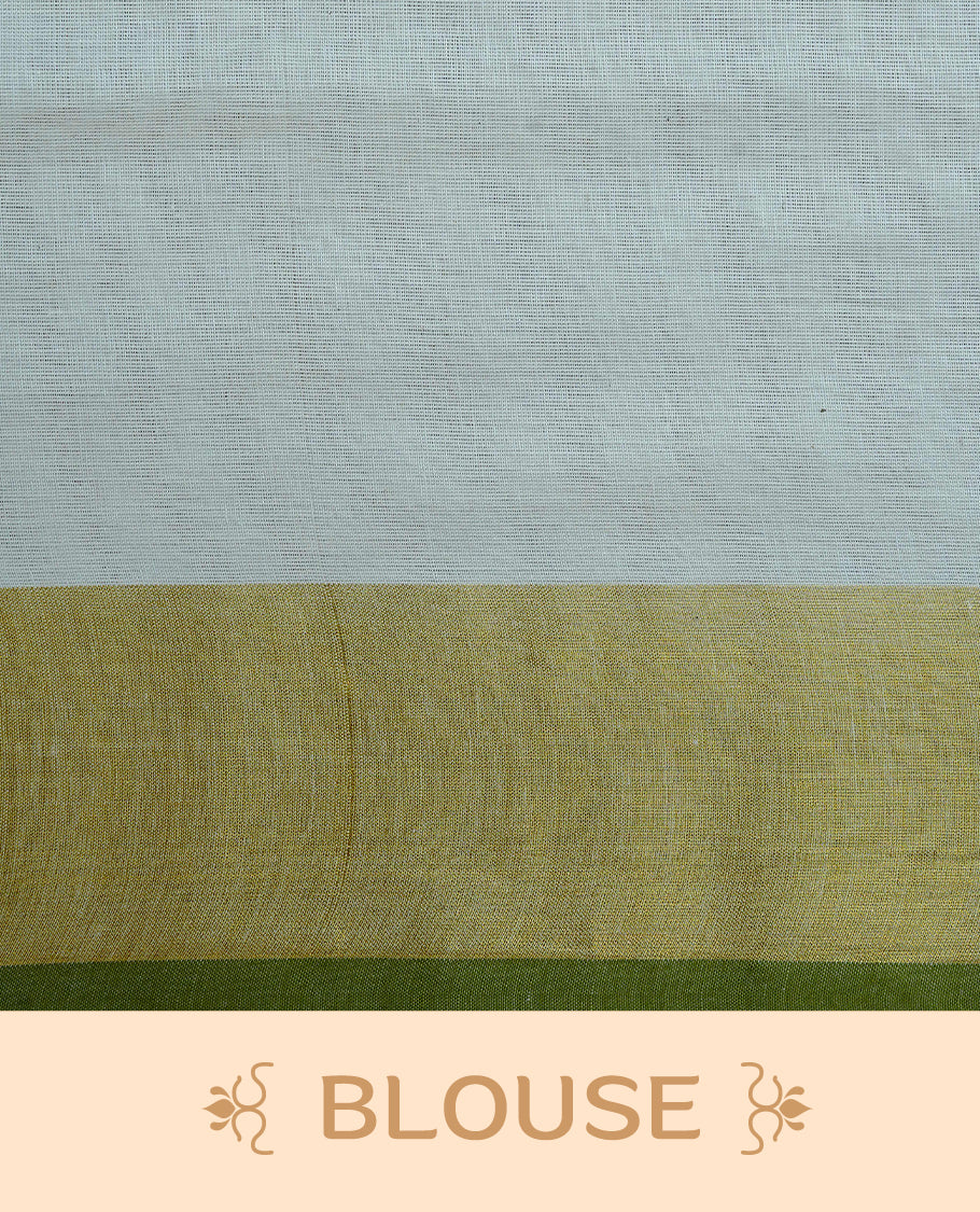 Cream Colour Cotton Kerala Saree Featuring A Plain Body, Enhanced With A Gold Zari & Light Green Colour Border, A Traditional Gold Zari Pallu, Light Green Tassels, And A Matching Blouse Piece.
