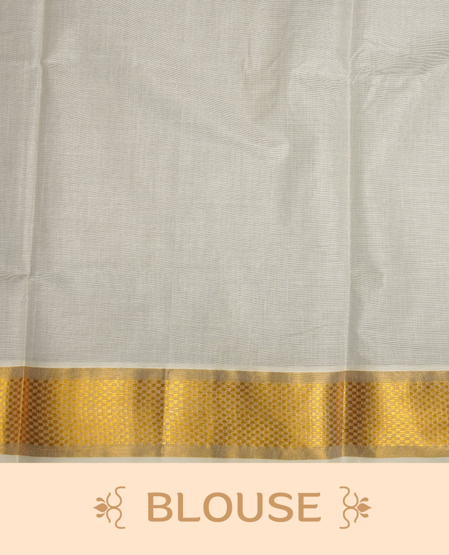 Elegant White colour cotton Kerala saree with gold zari buttas, broad kasavu border, and richly woven traditional pallu, paired with a matching blouse