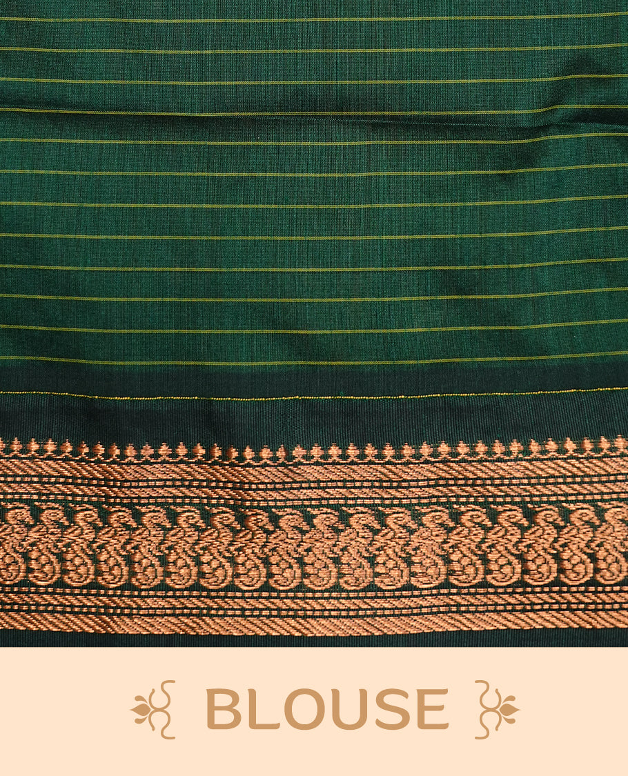 Mustard colour kalyani cotton saree featuring gold zari check pattern on body, complemented by green colour with Antique zari border, paired with matching blouse piece.