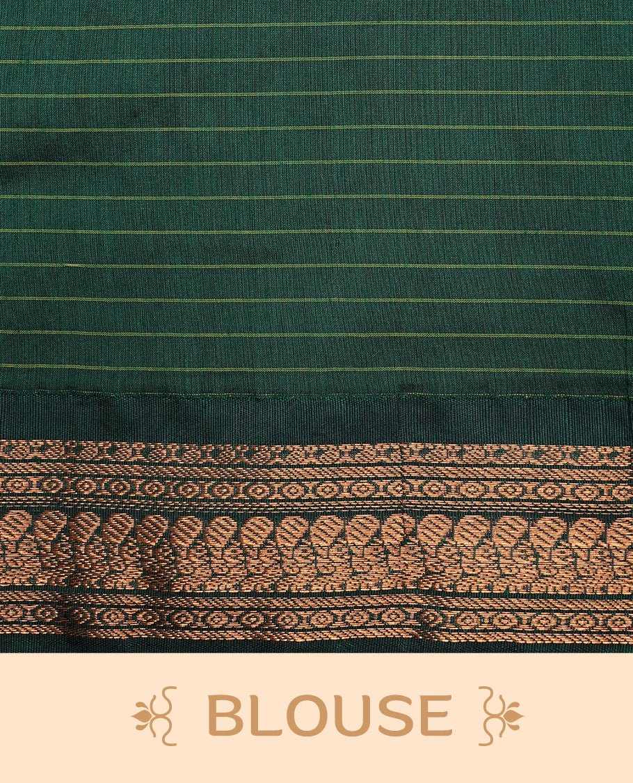 Grape colour kalyani cotton saree featuring gold zari check pattern on body, complemented by Green colour with Antique zari border, paired with matching blouse piece.